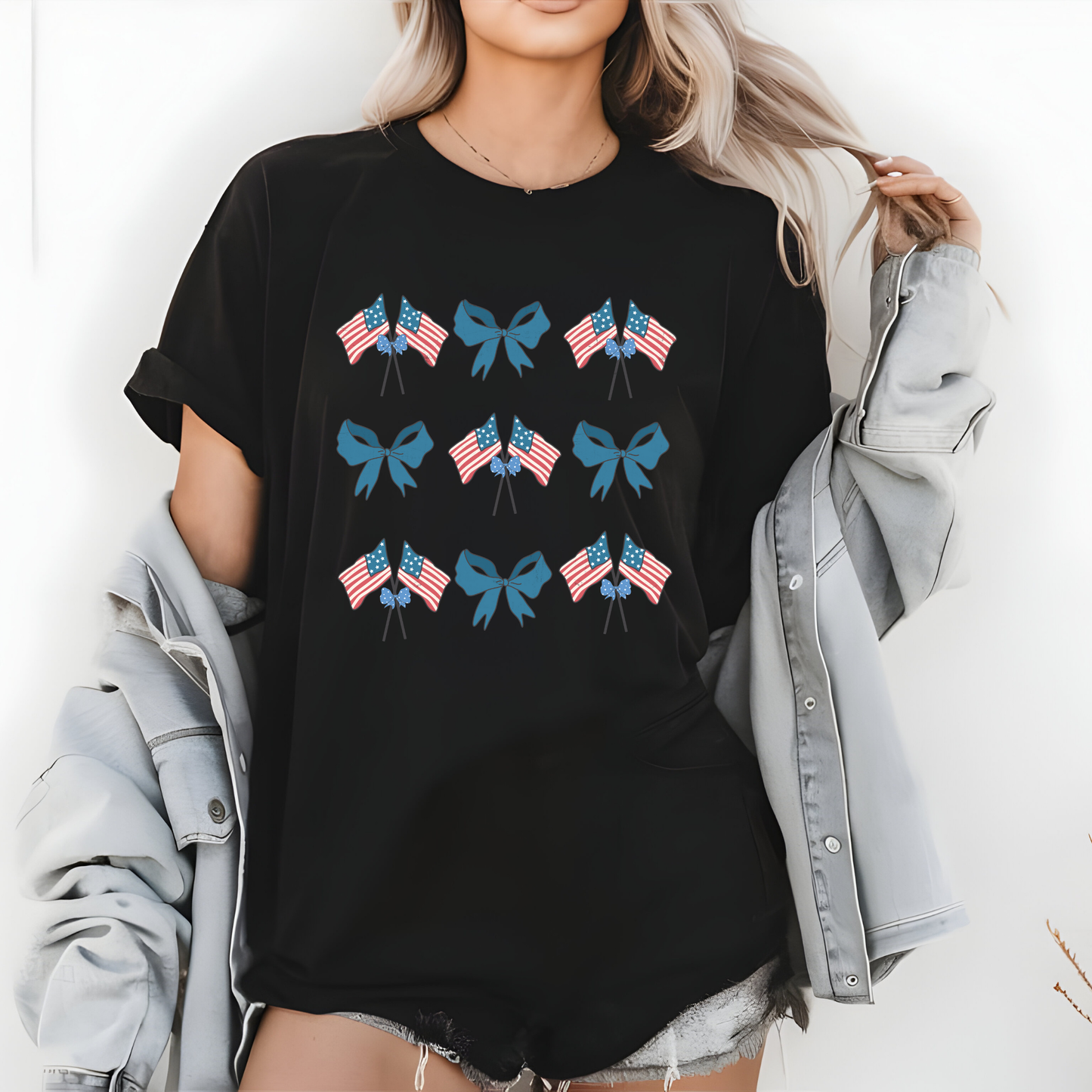 Patriotic American Flag & Blue Bow T-Shirt | USA Coquette Graphic Tee