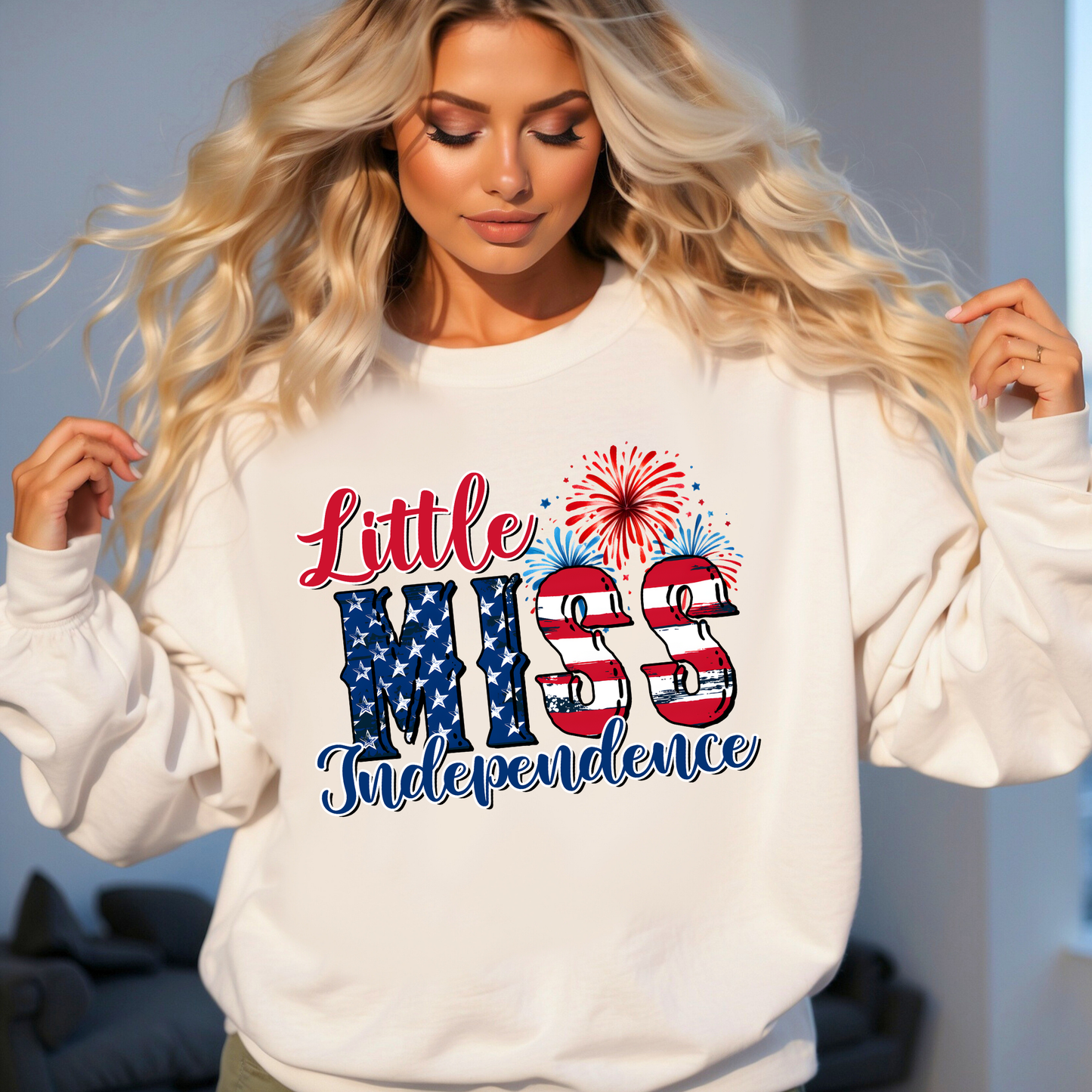 Little Miss Independence Patriotic Crewneck Sweatshirt | 4th of July Graphic Sweatshirt