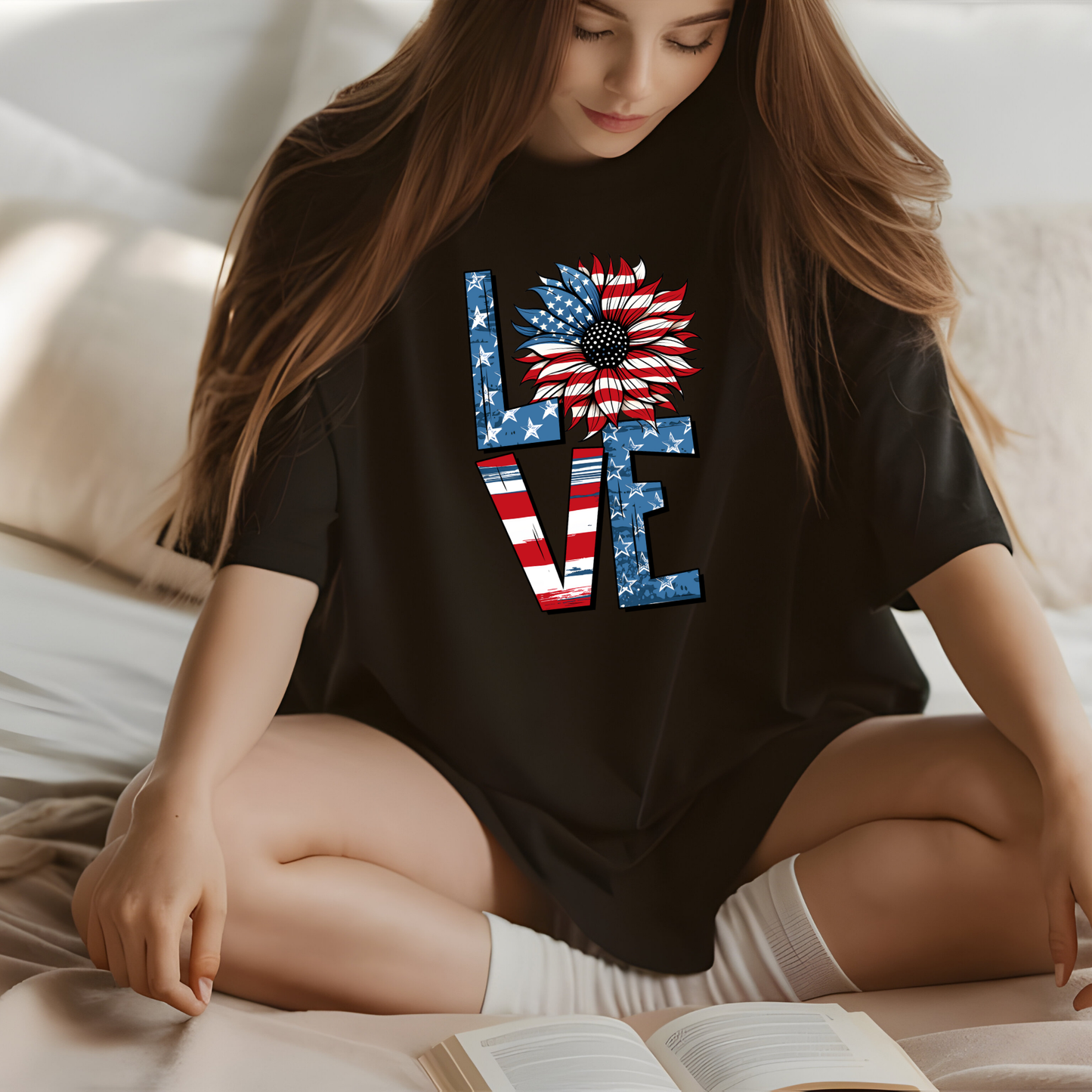 Patriotic LOVE Sunflower T-Shirt | American Flag Floral Graphic Tee