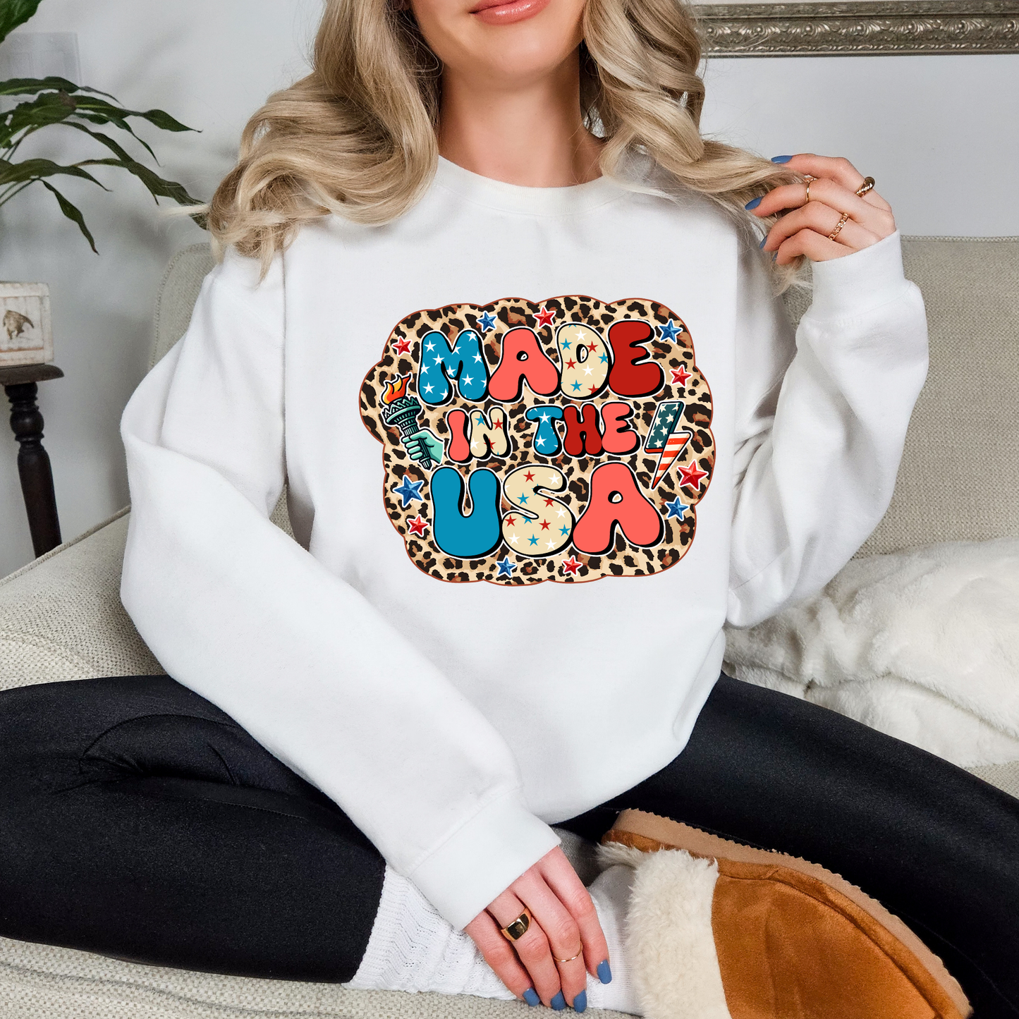 Made in the USA Patriotic Crewneck Sweatshirt | Retro Leopard Print USA Sweatshirt