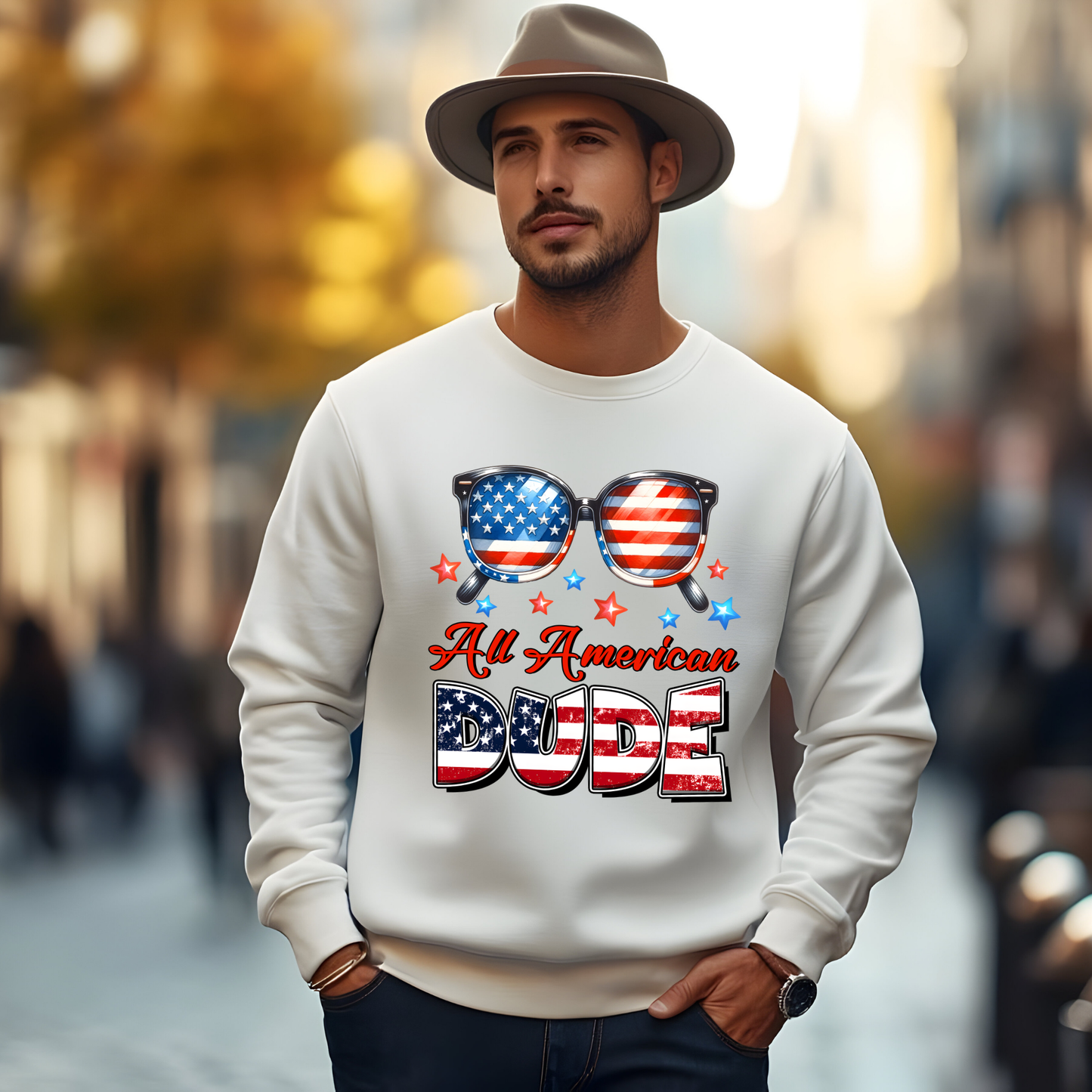 All American Dude Patriotic Crewneck Sweatshirt | USA Flag Sunglasses Graphic Sweatshirt