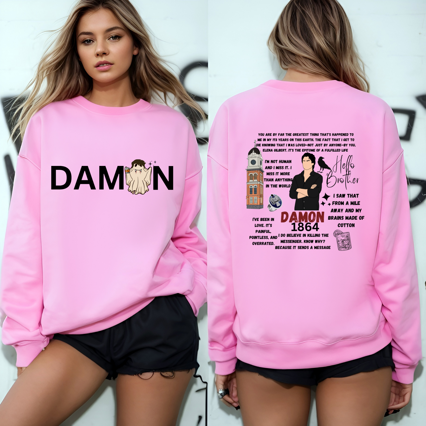 Damon Inspired Vampire Fan Sweatshirt – Double-Sided Graphic Crewneck | TV Show Inspired Fandom Gift