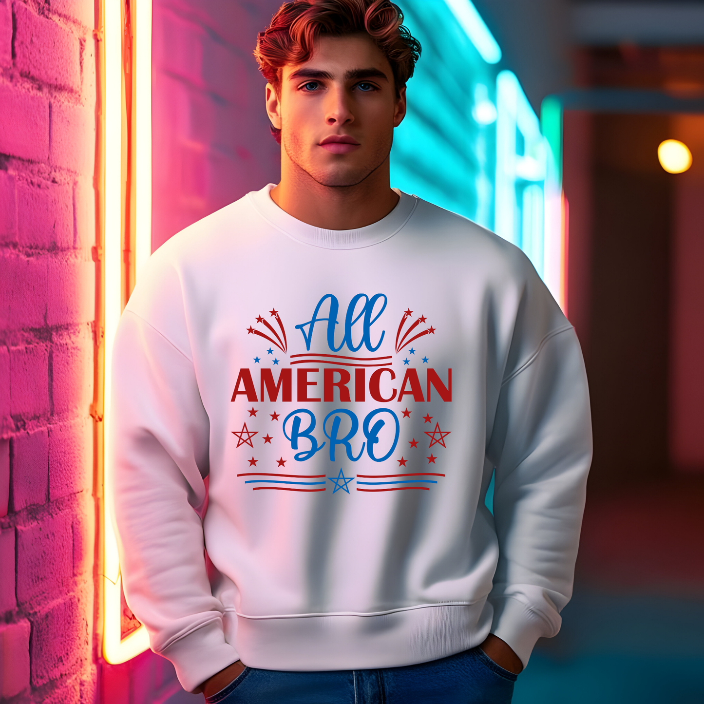 All American Bro Patriotic Crewneck Sweatshirt | USA Graphic Sweatshirt for Men