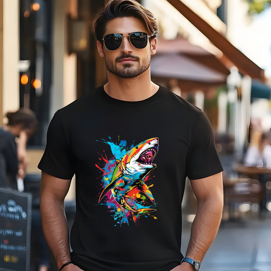 Vibrant Shark Splash – Bold Ocean Predator Graphic T-Shirt
