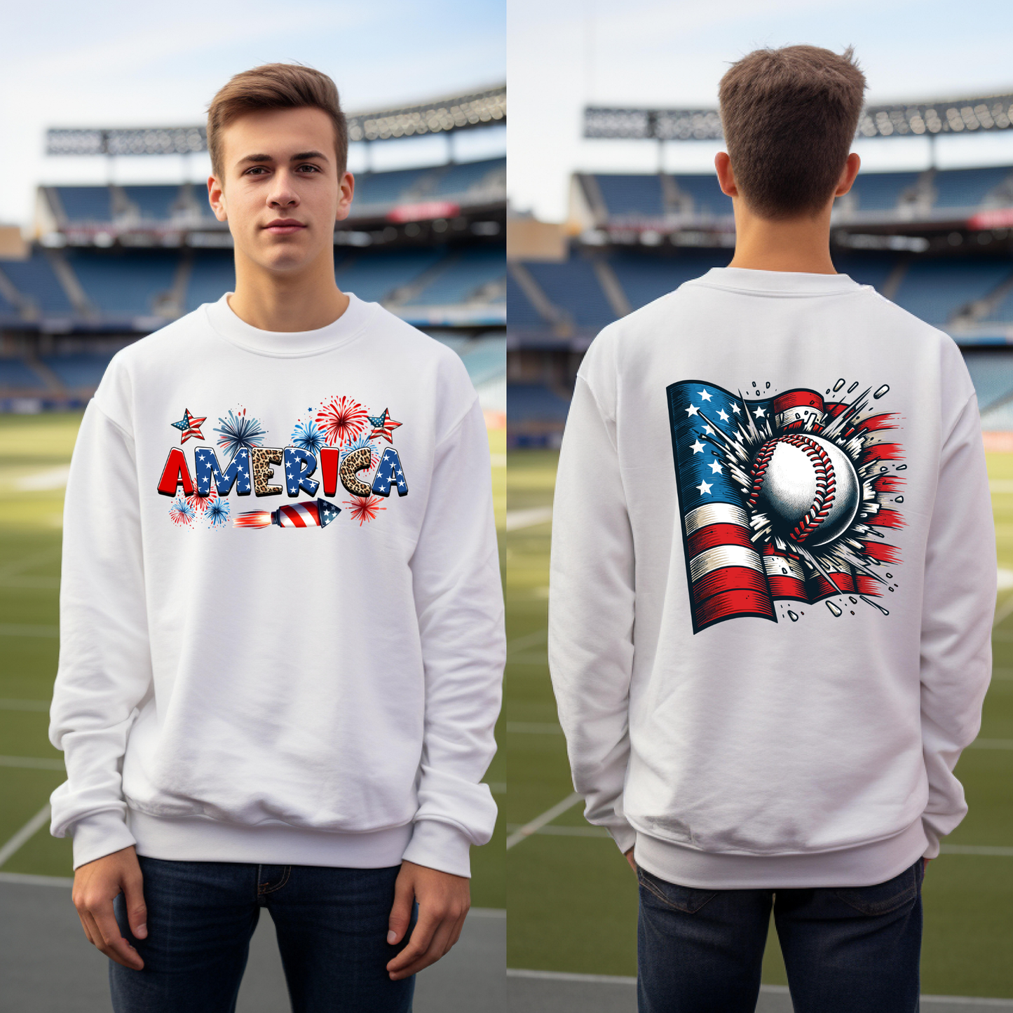 America Baseball Patriotic Crewneck Sweatshirt | Front & Back USA Baseball Graphic