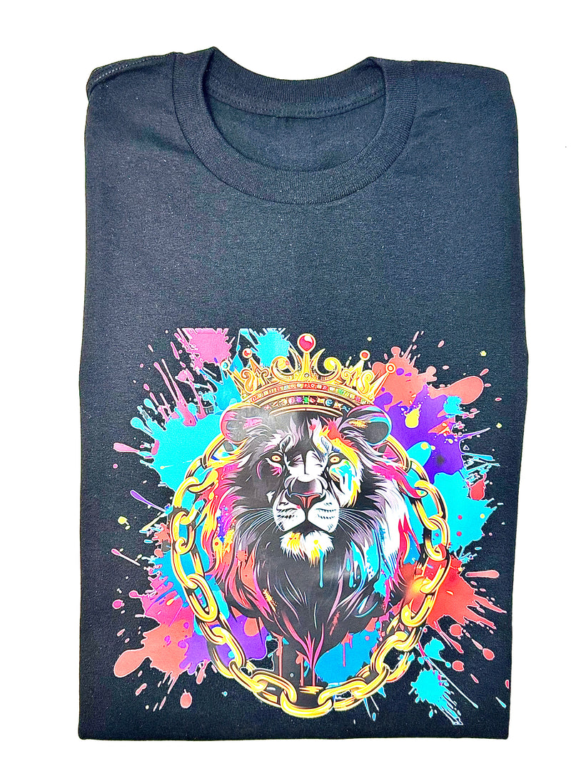 Majestic Crowned Lion Graphic T-Shirt – Color Splash King of the Jungle Tee